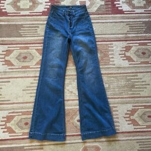 Fashion Nova High Rise Flare Jeans Womens 25 Blue Button Fly Patch Pocket Retro